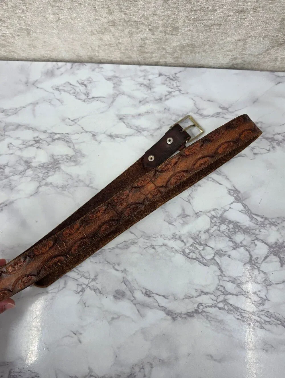 Vintage Tooled Brown Leather Belt with Silver Buckle VERY WORN